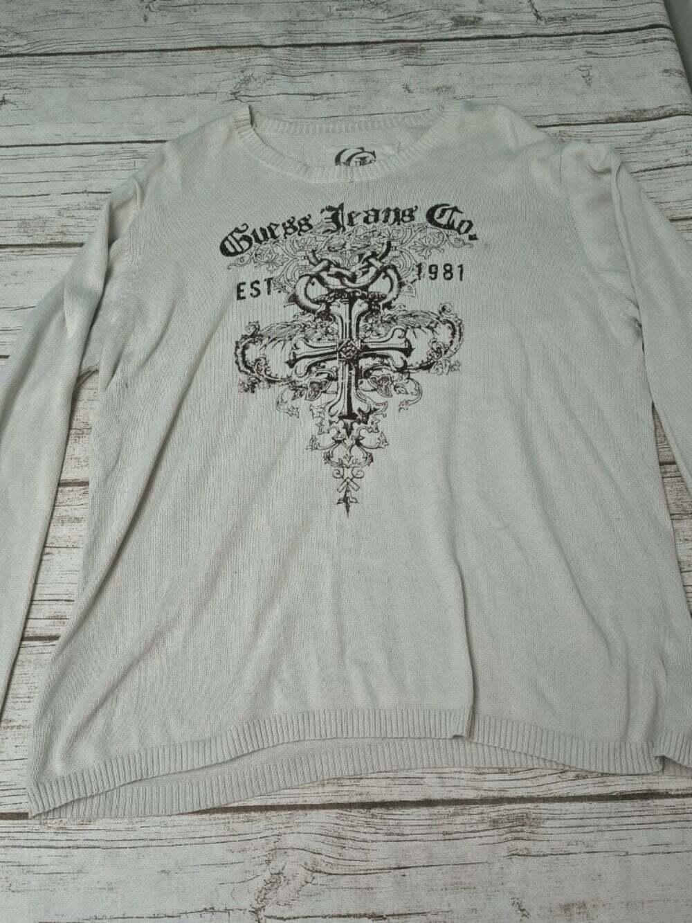 Vintage Guess Jeans Co Graphic Long Sleeve Knit Sweater Mens XL Off-White Cross